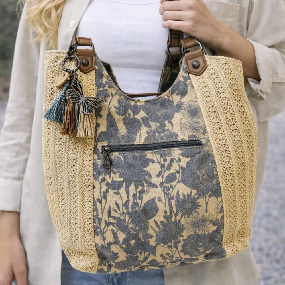 Sakroots‎ Artist Circle Raffia & Canvas Boho Straw Shoulder Bag w/Tassel Charm